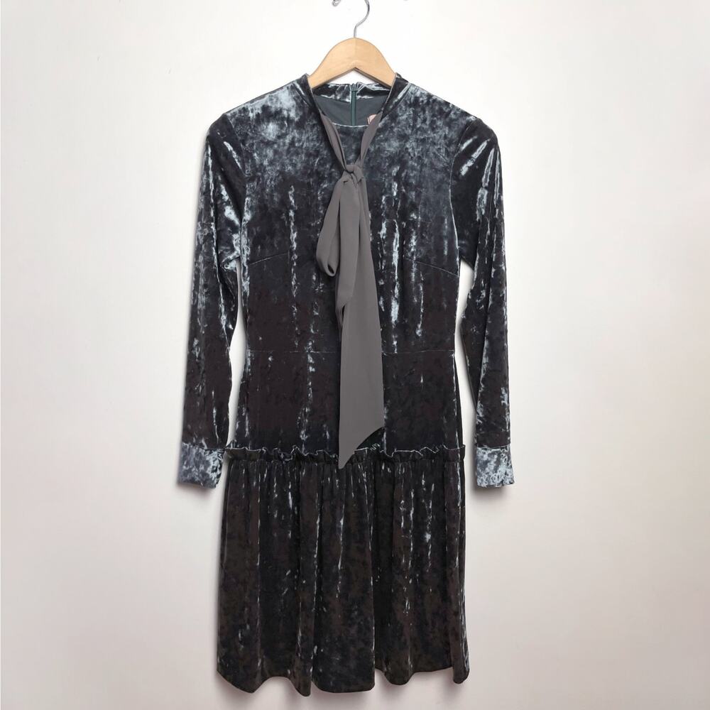 Crushed Velvet Tie Neck Midi Dress Sz 38‎ Drop Waist Pussybow Feminine Romantic